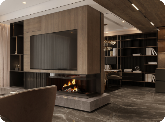 Living room with integrated television and audio